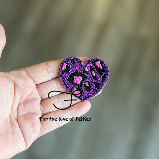 Purple Glitter Leopard Heart Feltie