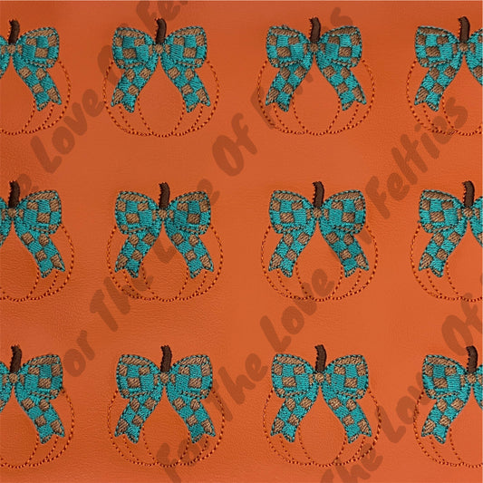 Teal and Brown Coquette Checkered Bow Pumpkin Feltie